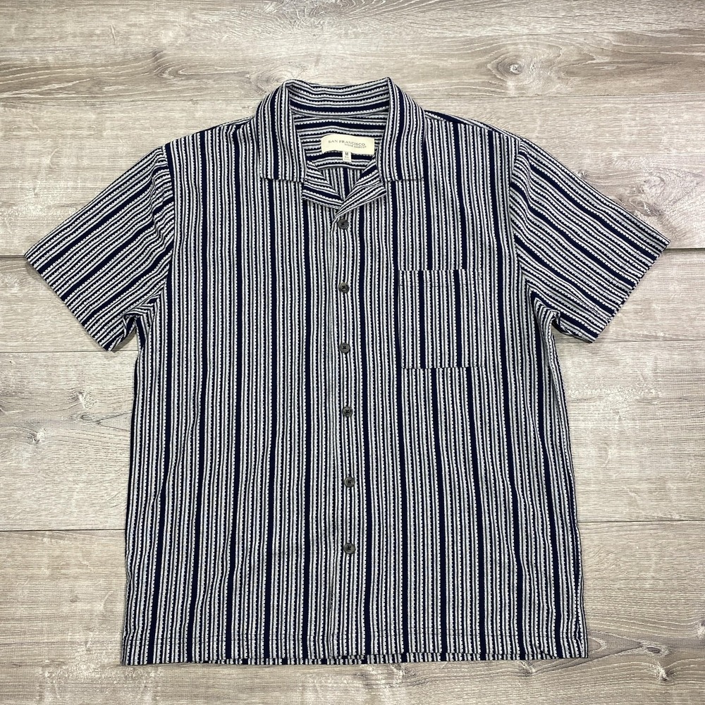 San Francisco Work‎ Shirts Shirt Mens Medium Blue Striped Short Sleeve Button